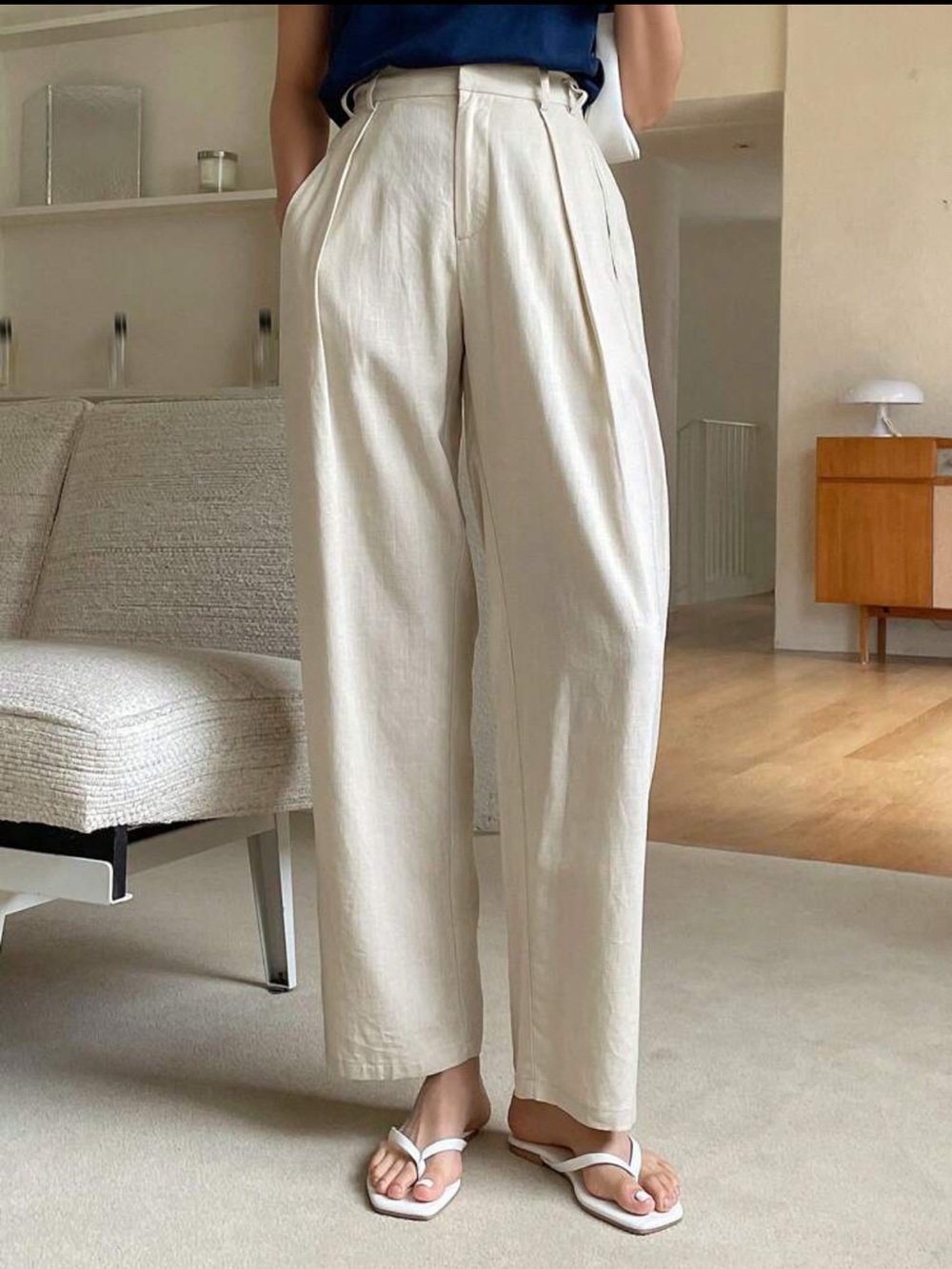 Women's Casual Beige Linen Straight-Leg Pants